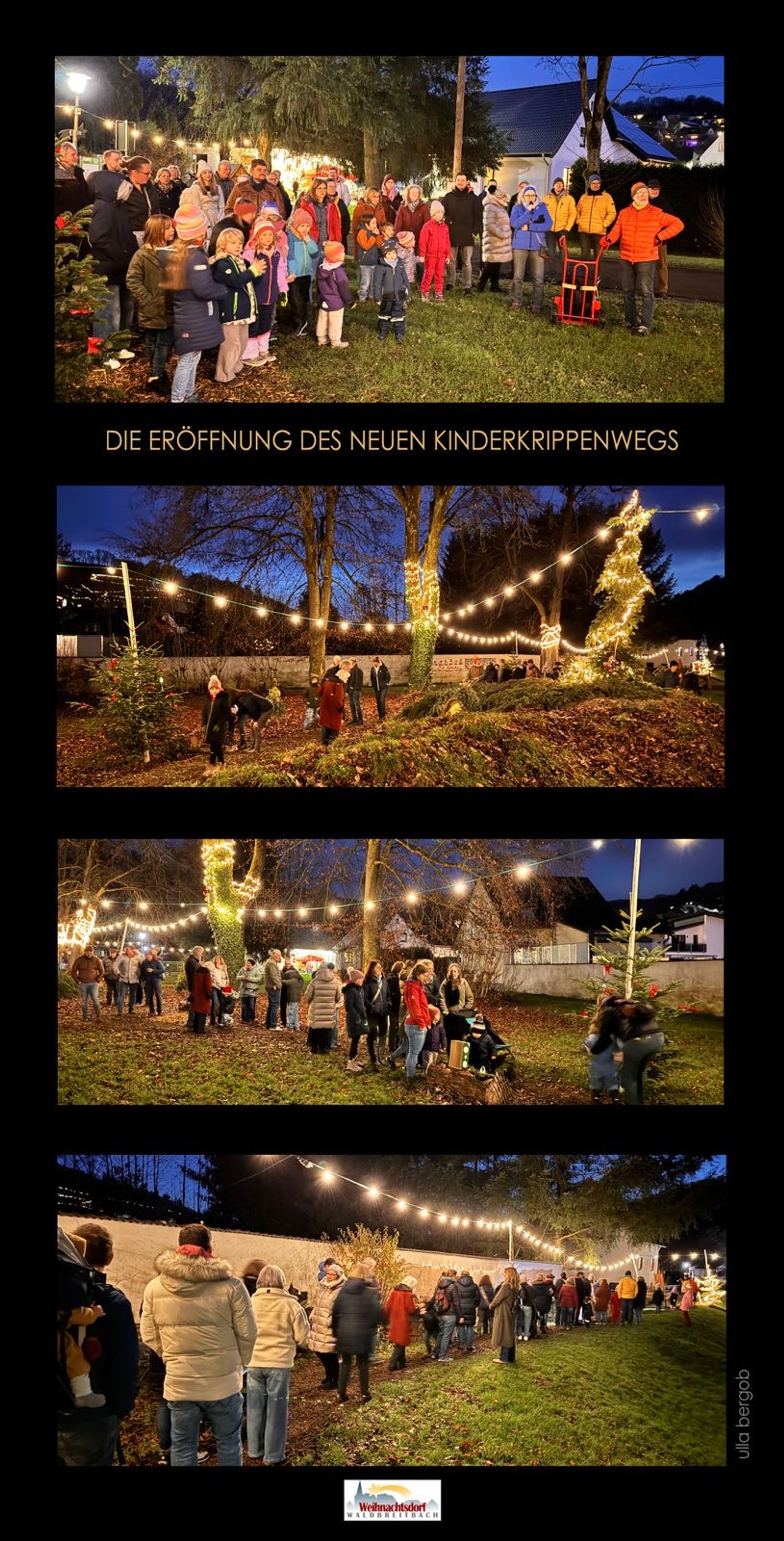 A group of people, including children and adults, gather outdoors at night for the opening of a new nativity trail. The area is decorated with string lights, and attendees are dressed warmly, enjoying the festive atmosphere.